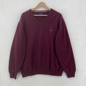 Gant Sweater Mens 4XL Burgundy Super Fine Lambswool V Neck Logo Knit Pullover